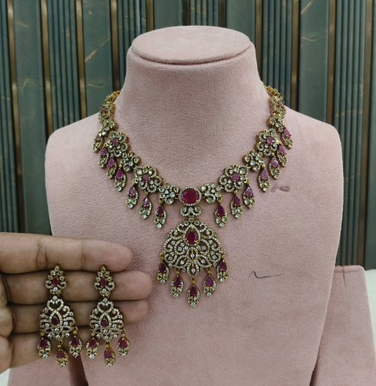Antique Gold Majenta CZ Necklace Indian Jewellery Tyra Set