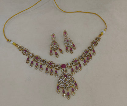 Antique Gold Majenta CZ Necklace Indian Jewellery Tyra Set