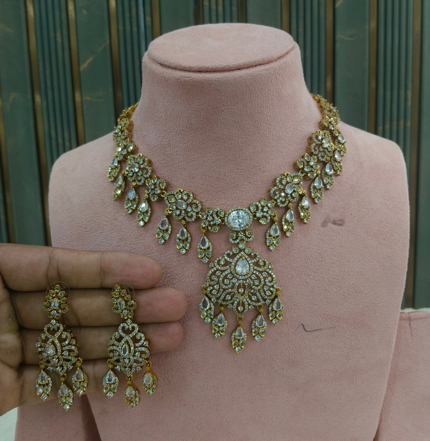 Antique Gold White CZ Necklace Indian Jewellery Tyra Set