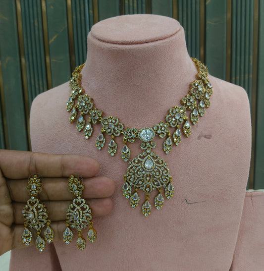 Antique Gold White CZ Necklace Indian Jewellery Tyra Set
