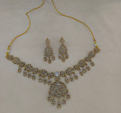 Antique Gold White CZ Necklace Indian Jewellery Tyra Set