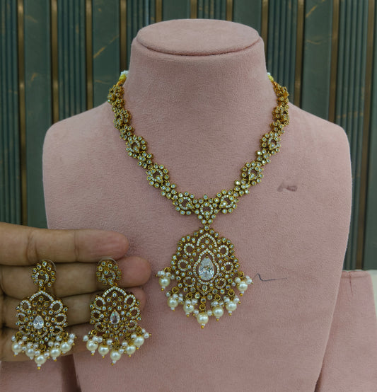 Antique Gold White CZ Necklace Indian Jewellery Beth Set