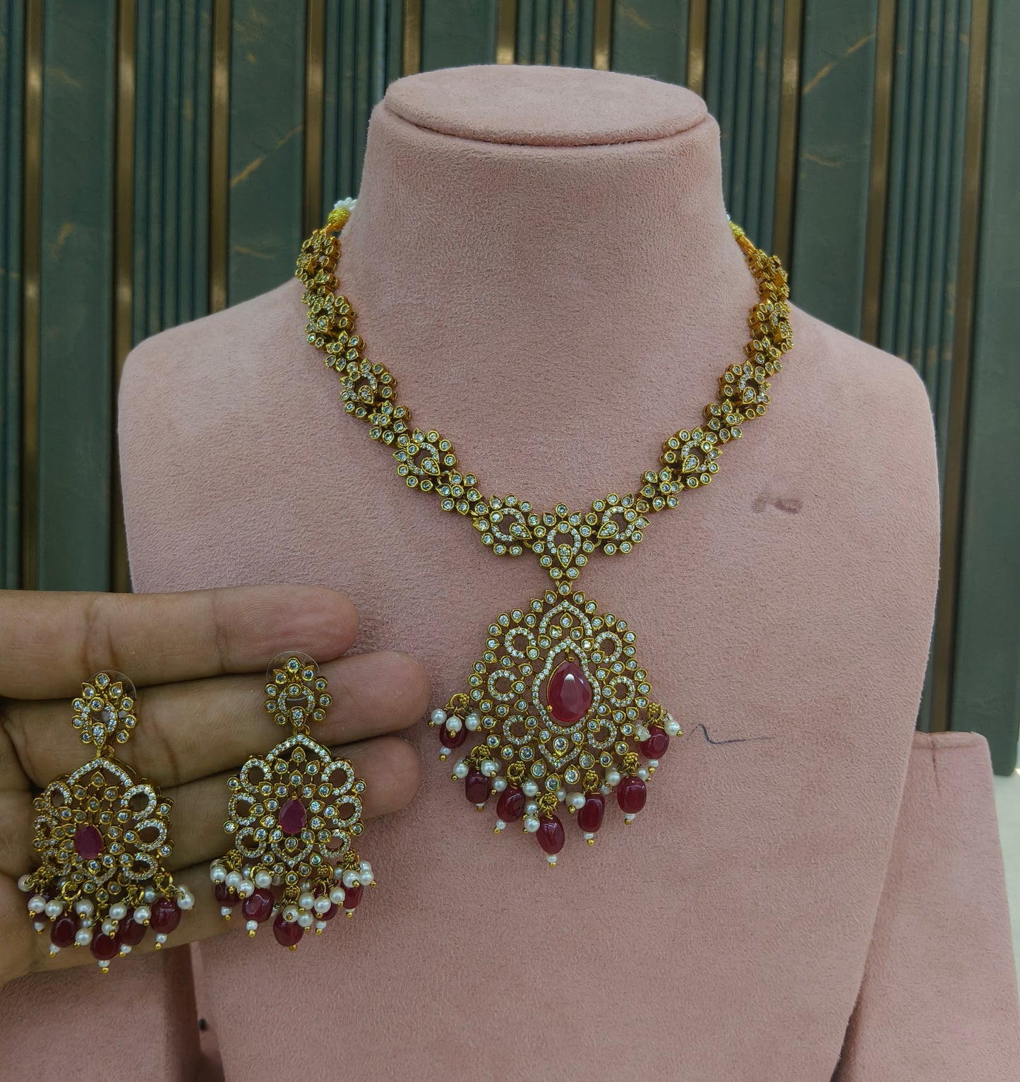 Antique Gold Ruby CZ Necklace Indian Jewellery Beth Set