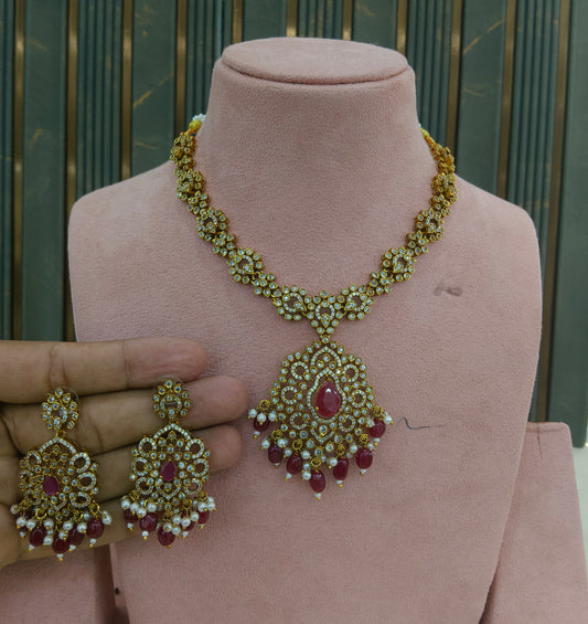 Antique Gold Ruby CZ Necklace Indian Jewellery Beth Set