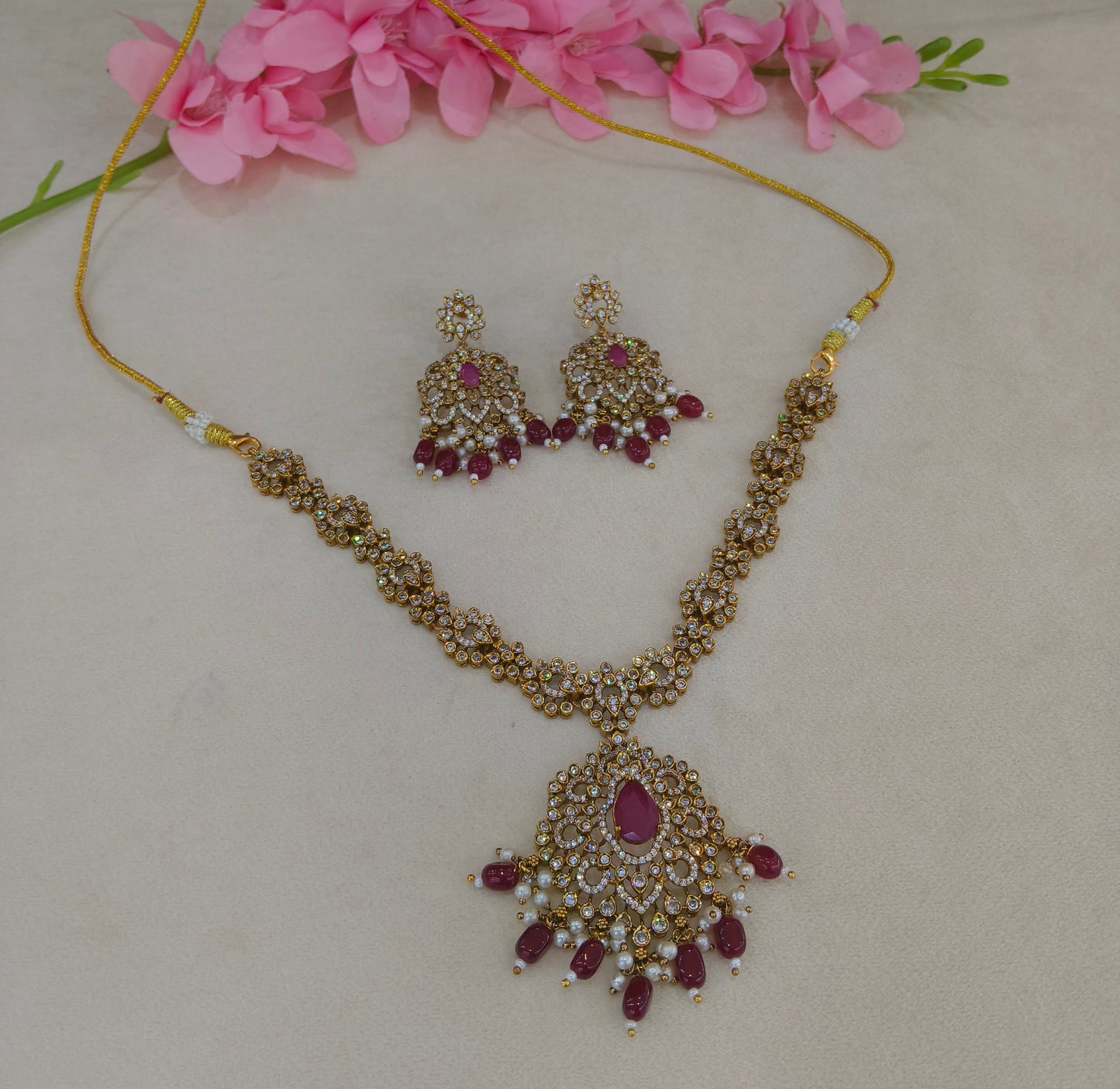 Antique Gold Ruby CZ Necklace Indian Jewellery Beth Set