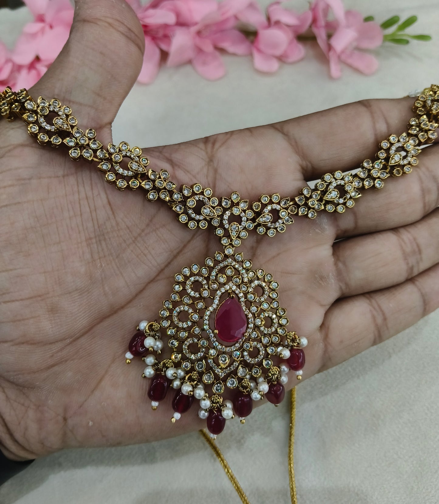Antique Gold Ruby CZ Necklace Indian Jewellery Beth Set