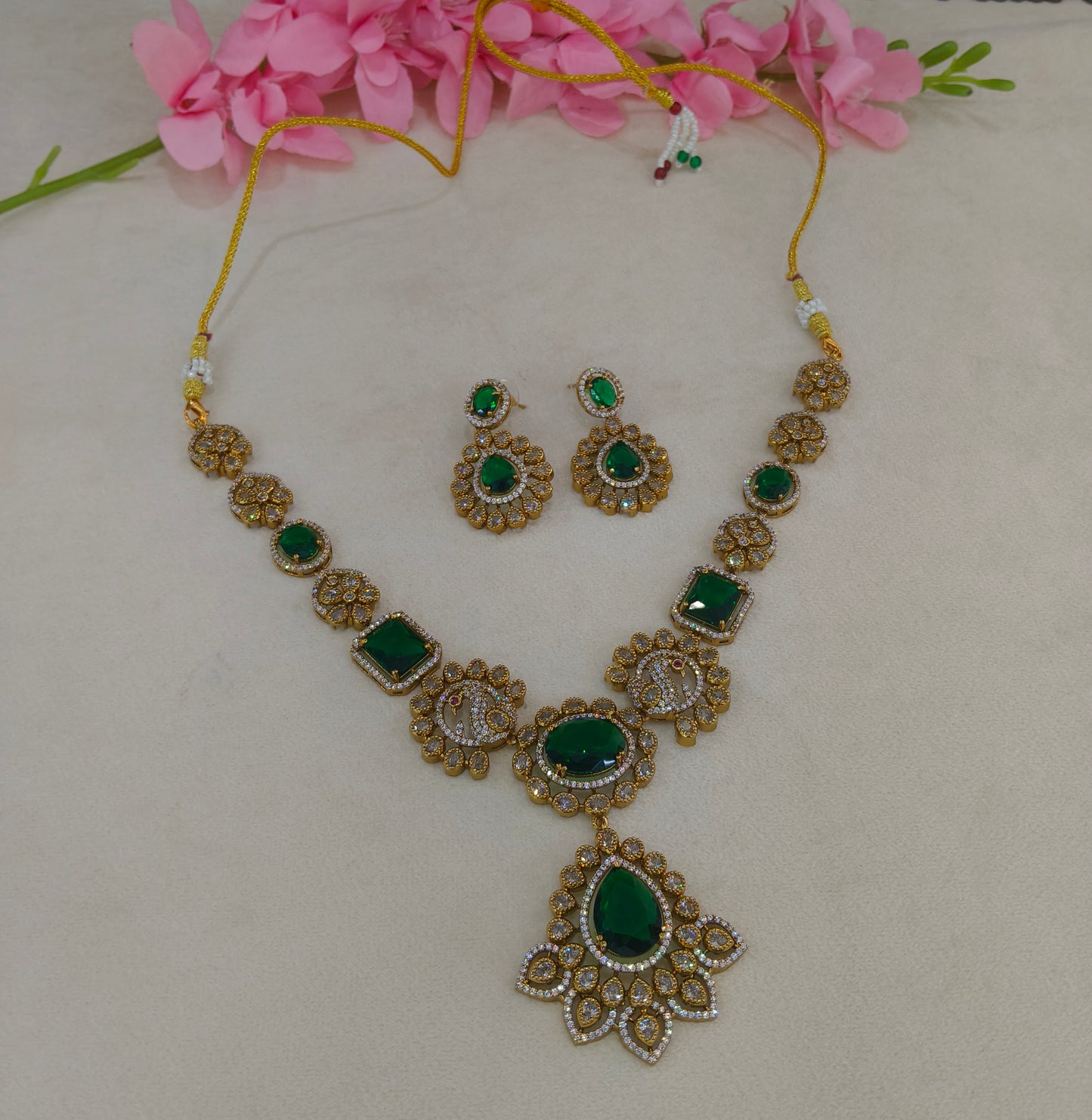 Antique Gold Green CZ Necklace Indian Jewellery Usha  Set