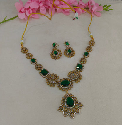 Antique Gold Green CZ Necklace Indian Jewellery Usha  Set