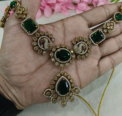 Antique Gold Green CZ Necklace Indian Jewellery Usha  Set