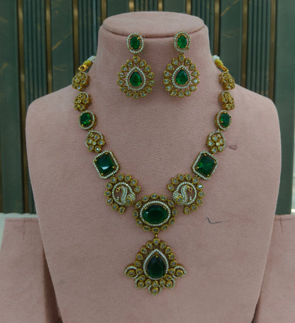 Antique Gold Green CZ Necklace Indian Jewellery Usha  Set