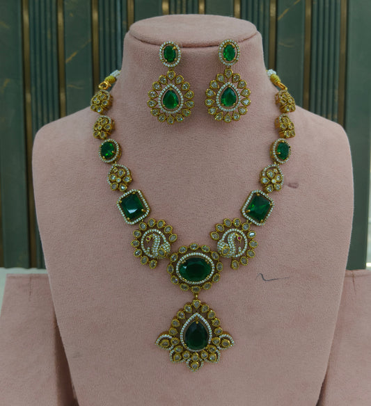 Antique Gold Green CZ Necklace Indian Jewellery Usha  Set