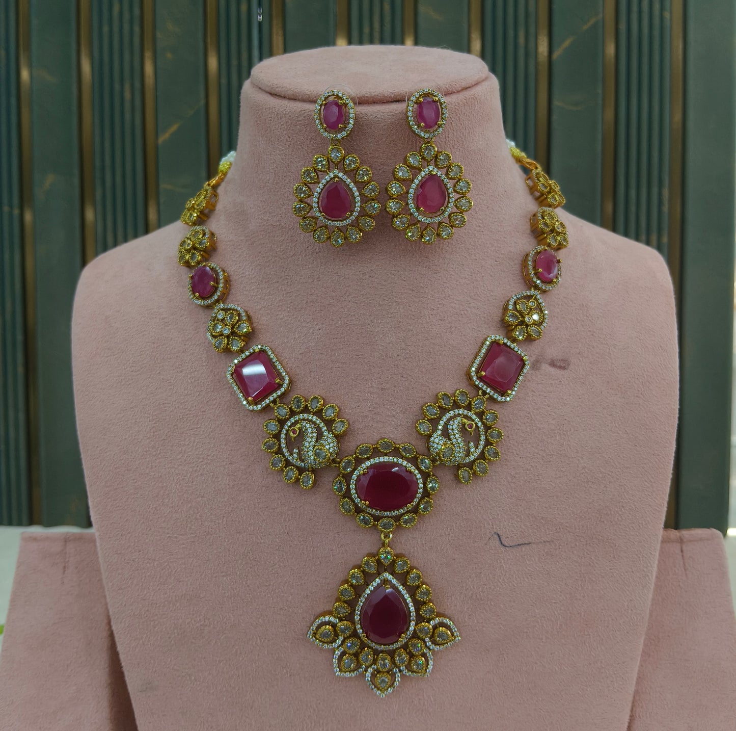 Antique Gold Ruby CZ Necklace Indian Jewellery Usha  Set