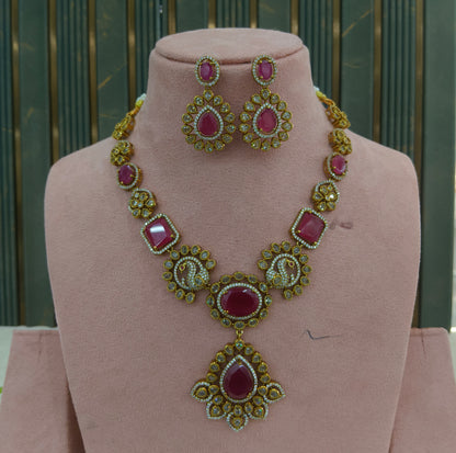 Antique Gold Ruby CZ Necklace Indian Jewellery Usha  Set