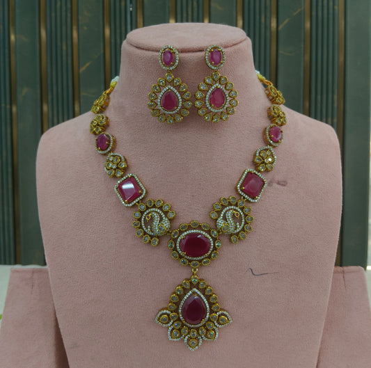 Antique Gold Ruby CZ Necklace Indian Jewellery Usha  Set