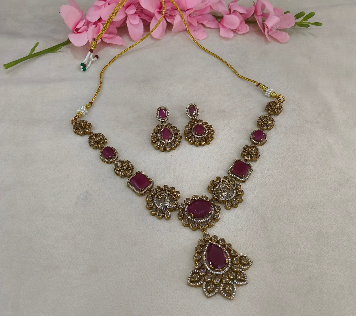 Antique Gold Ruby CZ Necklace Indian Jewellery Usha  Set