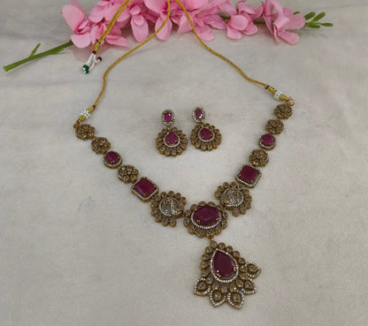 Antique Gold Ruby CZ Necklace Indian Jewellery Usha  Set