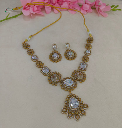 Antique Gold White CZ Necklace Indian Jewellery Usha  Set