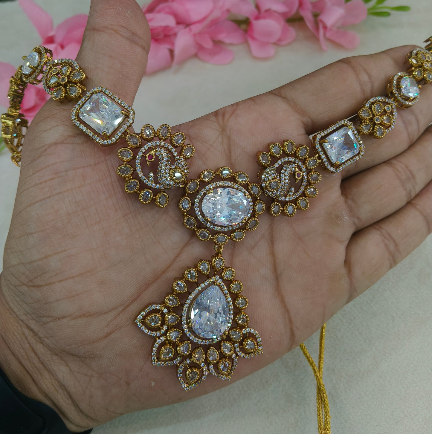 Antique Gold White CZ Necklace Indian Jewellery Usha  Set
