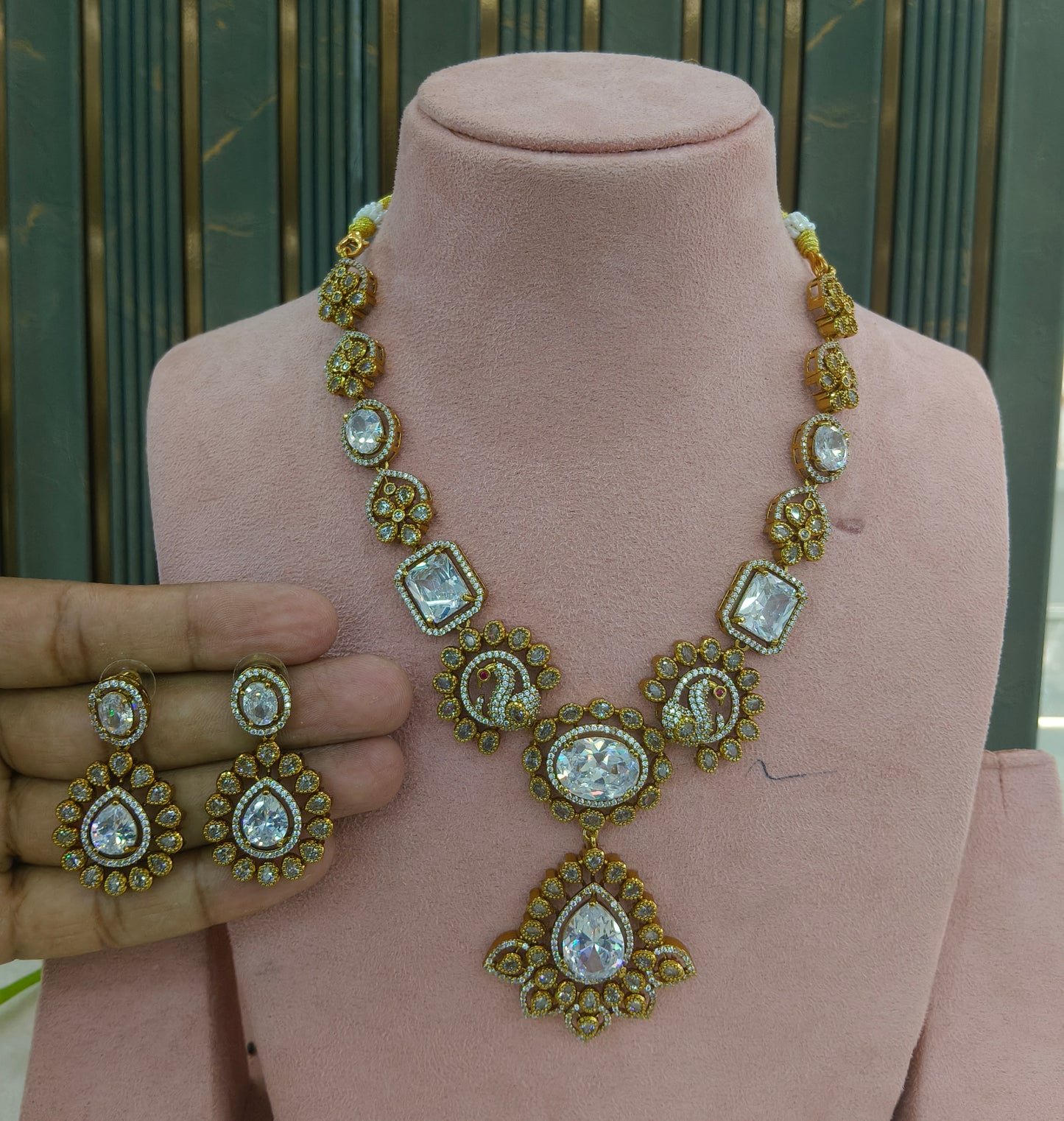 Antique Gold White CZ Necklace Indian Jewellery Usha  Set