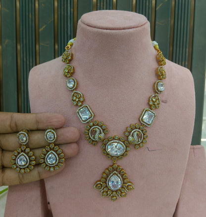 Antique Gold White CZ Necklace Indian Jewellery Usha  Set