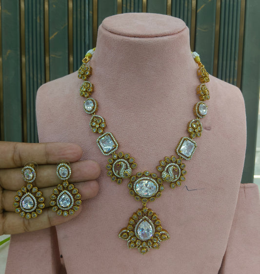 Antique Gold White CZ Necklace Indian Jewellery Usha  Set