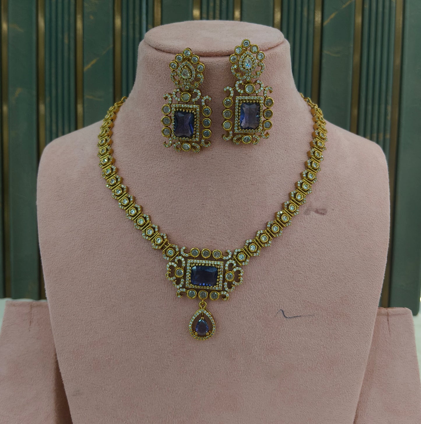 Antique Gold Purple CZ Necklace Indian Jewellery Jazi Set