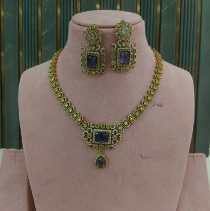 Antique Gold Purple CZ Necklace Indian Jewellery Jazi Set