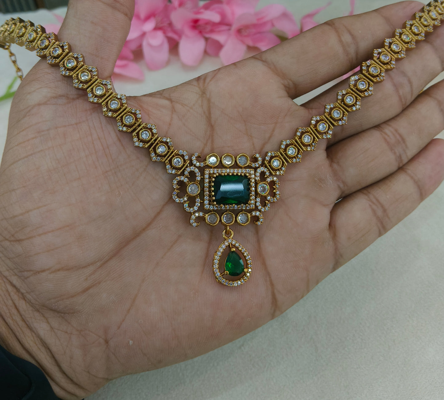 Antique Gold Green CZ Necklace Indian Jewellery Jazi Set