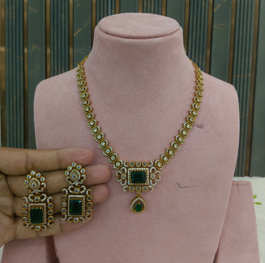Antique Gold Green CZ Necklace Indian Jewellery Jazi Set
