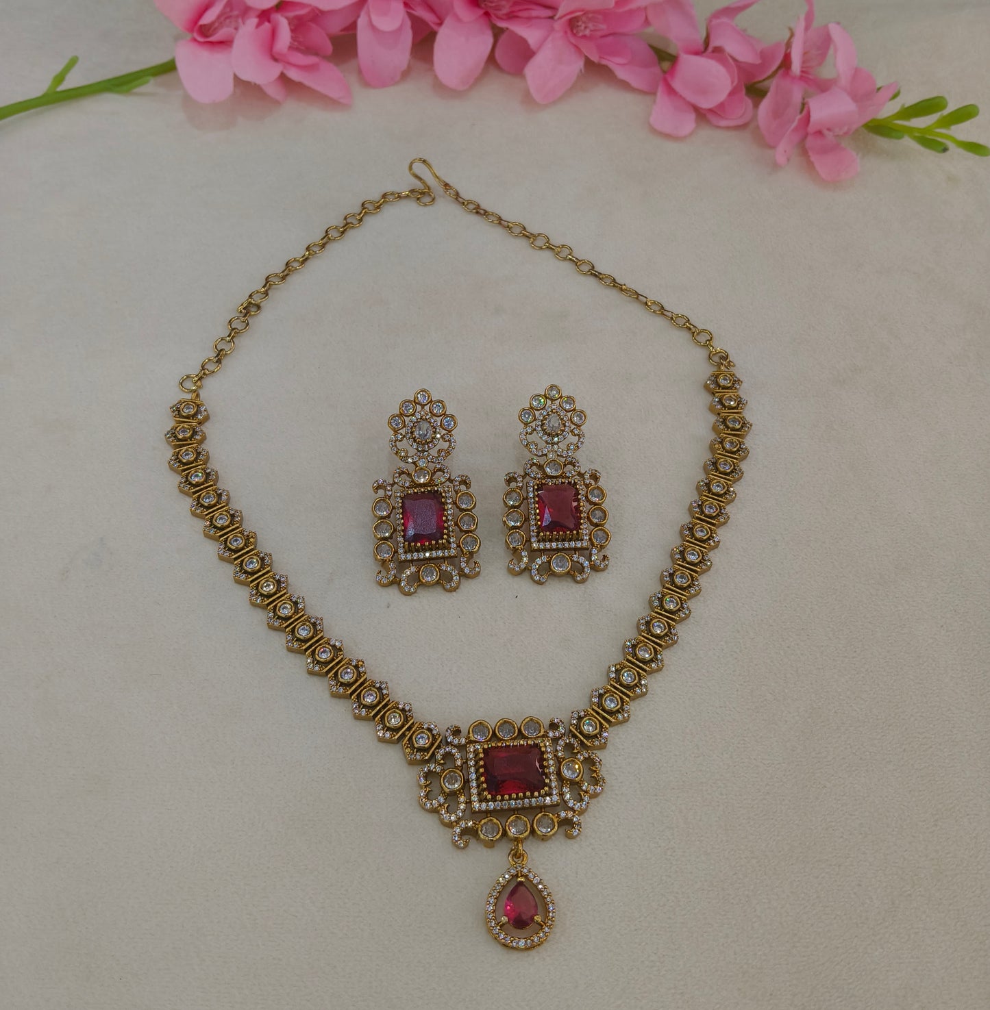 Antique Gold Ruby CZ Necklace Indian Jewellery Jazi Set