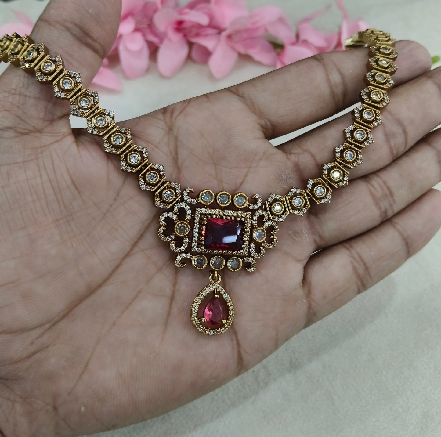 Antique Gold Ruby CZ Necklace Indian Jewellery Jazi Set
