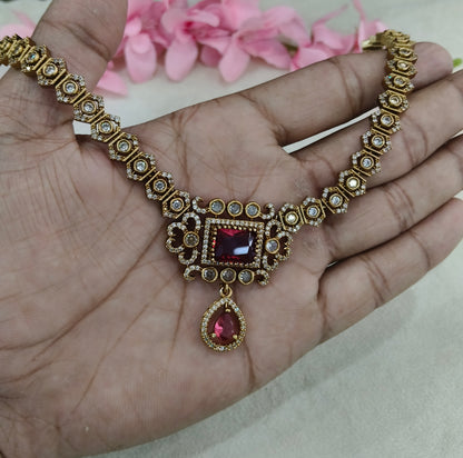 Antique Gold Ruby CZ Necklace Indian Jewellery Jazi Set