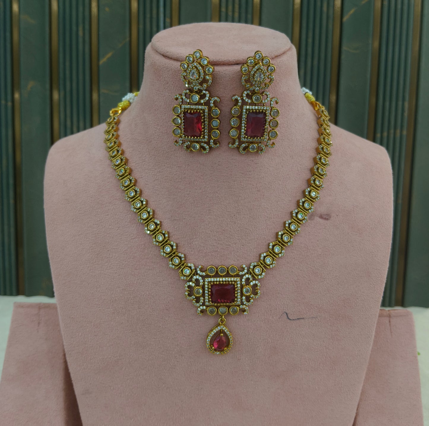 Antique Gold Ruby CZ Necklace Indian Jewellery Jazi Set