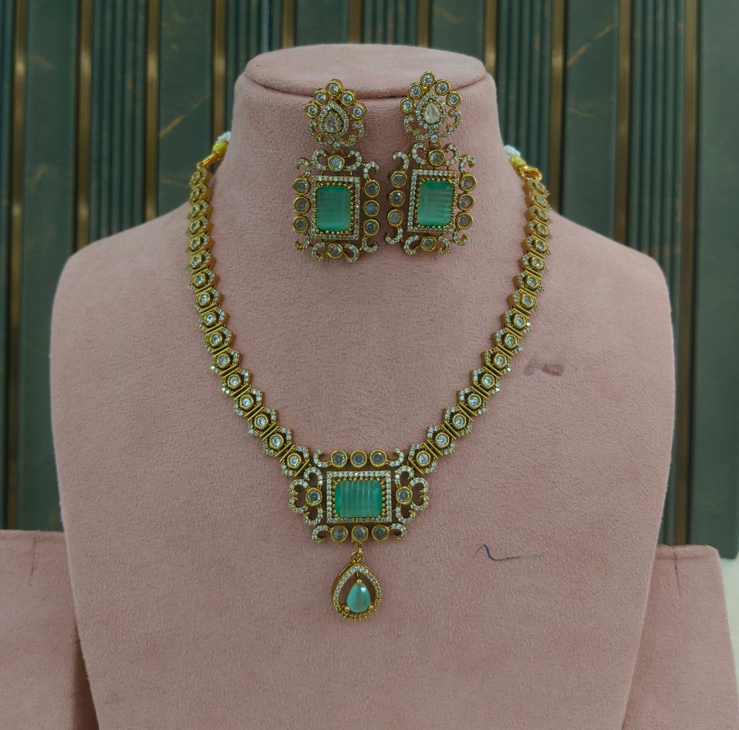Antique Gold Mint CZ Necklace Indian Jewellery Jazi Set