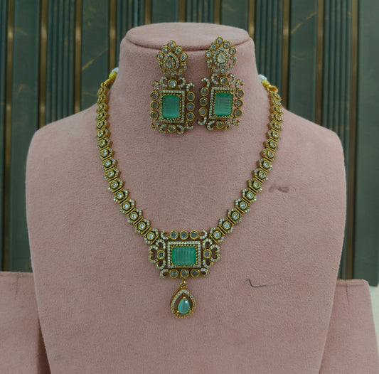 Antique Gold Mint CZ Necklace Indian Jewellery Jazi Set
