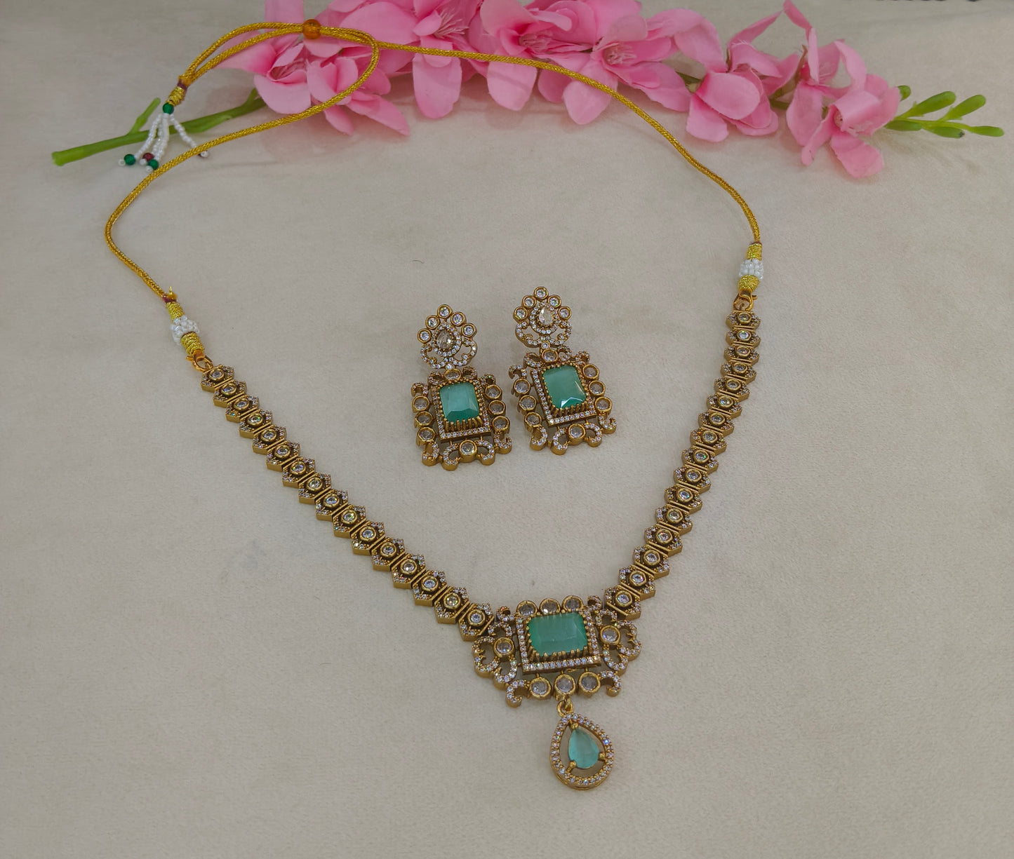 Antique Gold Mint CZ Necklace Indian Jewellery Jazi Set