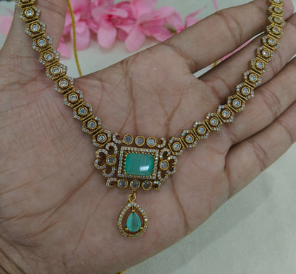 Antique Gold Mint CZ Necklace Indian Jewellery Jazi Set