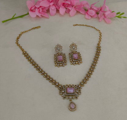 Antique Gold Pink CZ Necklace Indian Jewellery Jazi Set