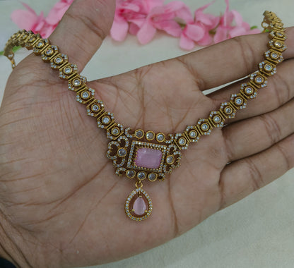 Antique Gold Pink CZ Necklace Indian Jewellery Jazi Set