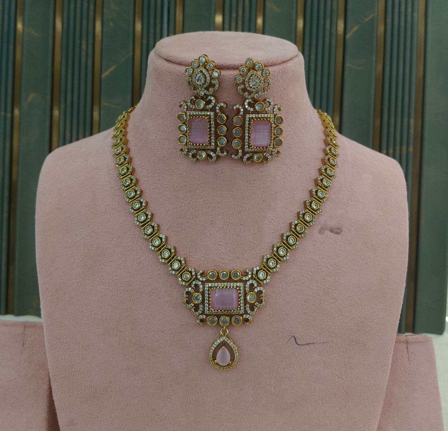 Antique Gold Pink CZ Necklace Indian Jewellery Jazi Set