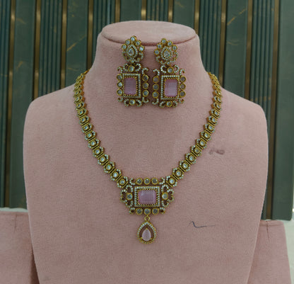 Antique Gold Pink CZ Necklace Indian Jewellery Jazi Set