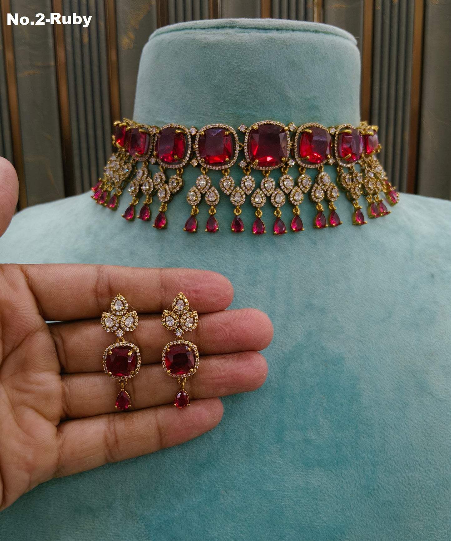 Antique Ruby CZ Stone Choker Indian Jewellery Orika Set