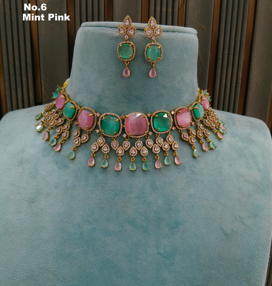 Antique Mint Pink CZ Stone Choker Indian Jewellery Orika Set