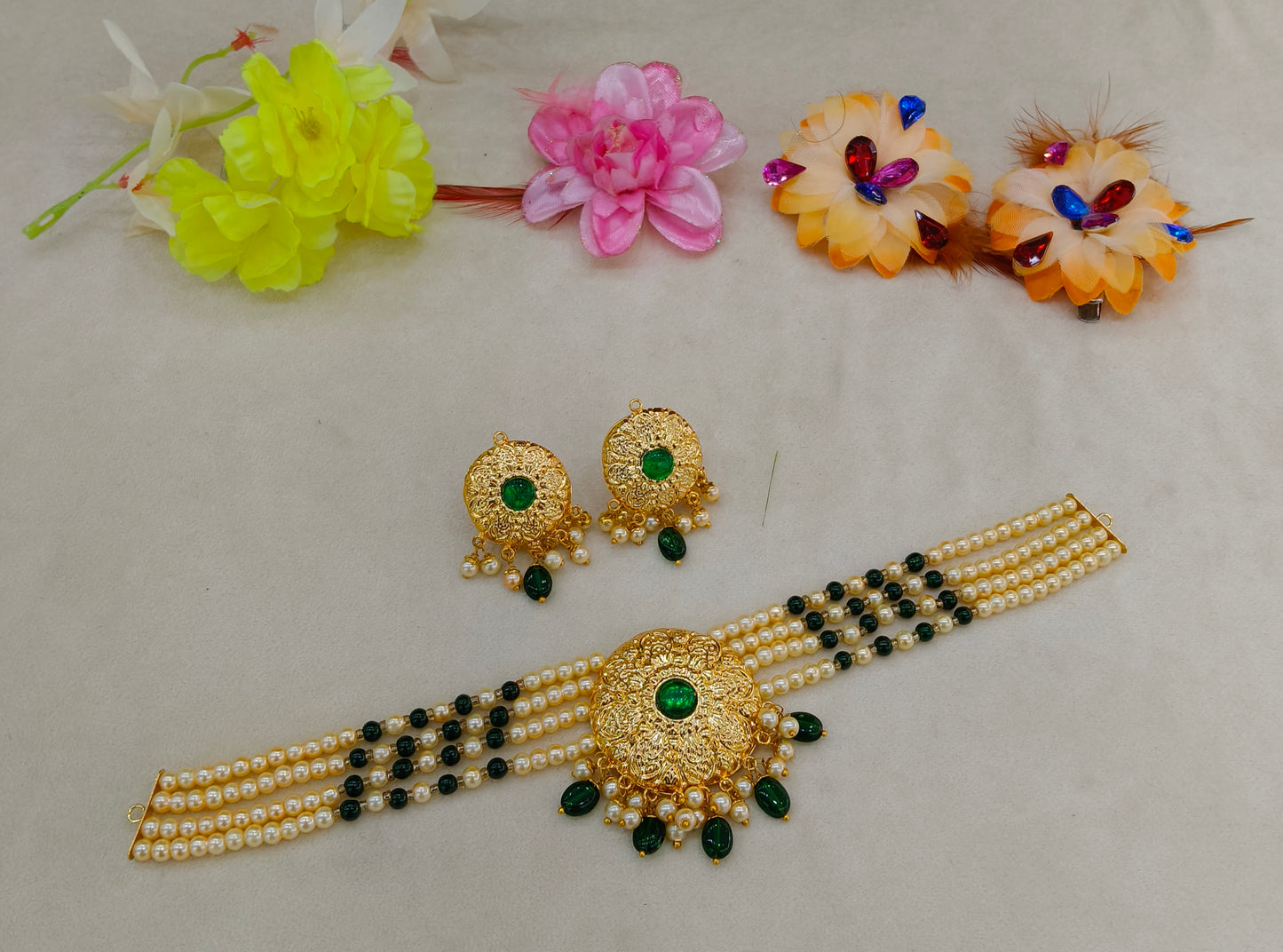 Gold Green Punjabi choker set/ Gold choker Jerry set