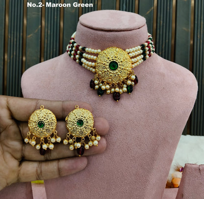 Gold Green Maroon Punjabi choker set/ Gold choker Jerry set