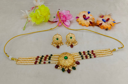 Gold Green Maroon Punjabi choker set/ Gold choker Jerry set