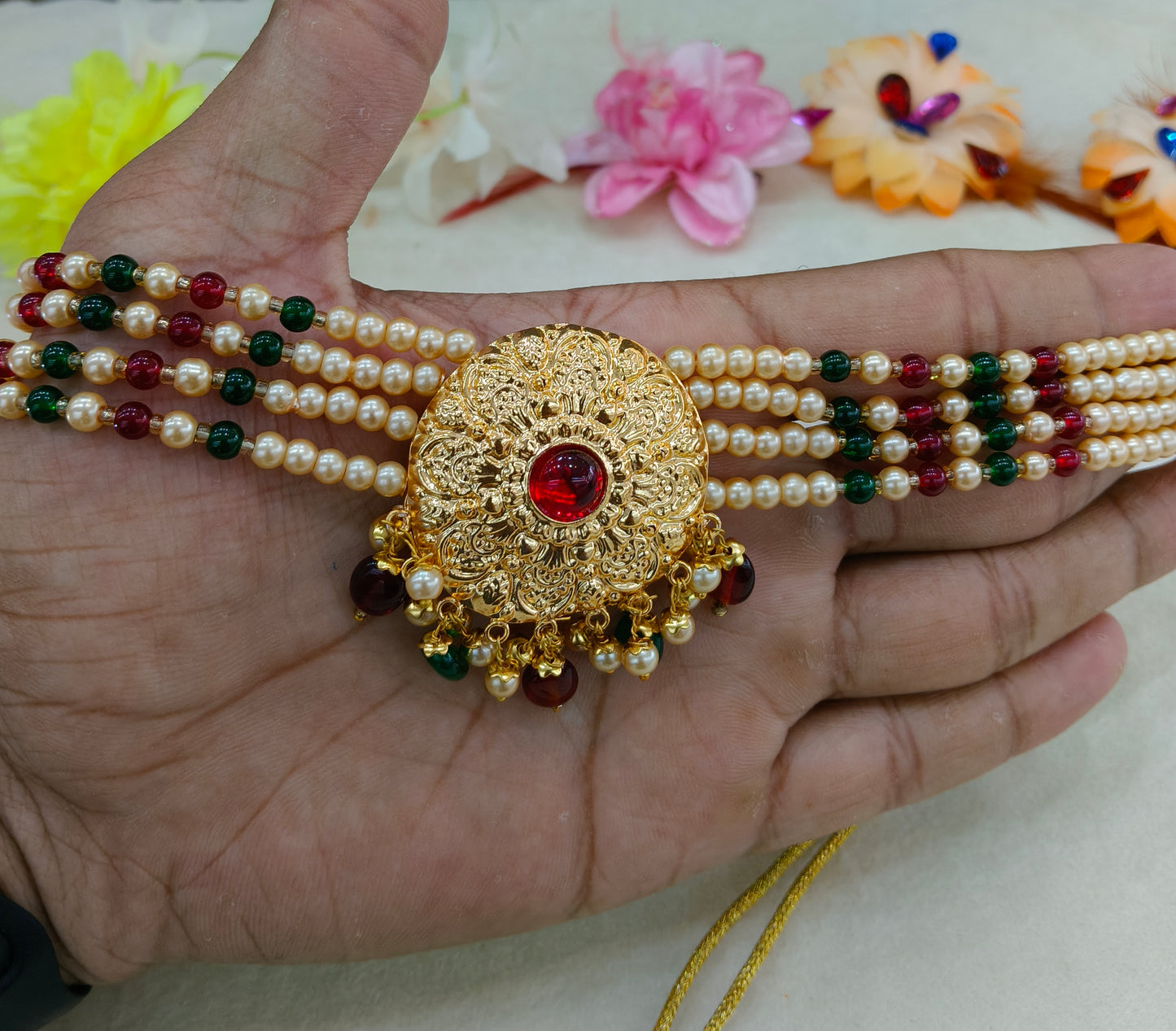 Gold Maroon Green Punjabi choker set/ Gold choker Jerry set