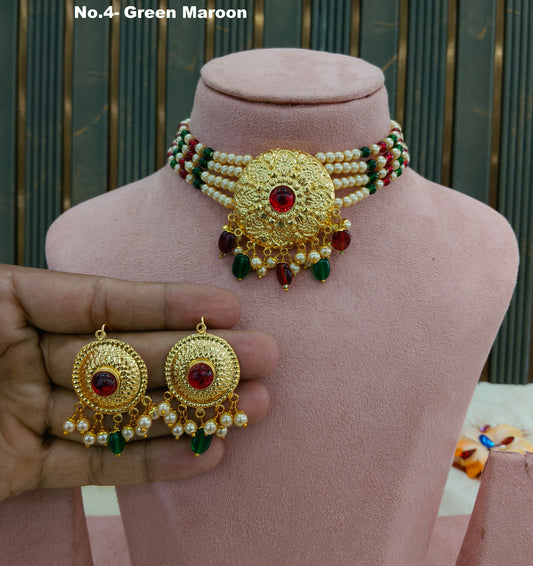 Gold Maroon Green Punjabi choker set/ Gold choker Jerry set