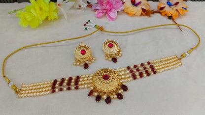 Gold Maroon Punjabi choker set/ Gold choker Jerry set