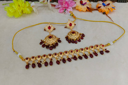 Gold Maroon Punjabi Necklace set/ Gold Necklace Tom set